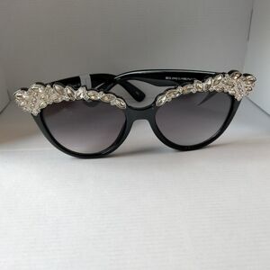 PERVERSE Cat Eye Silver Rhinestone Women's Sunglasses Black